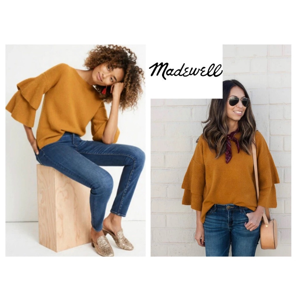 Madewell Mustard  3/4 Tier-Sleeve Boat Neck Pullover Sweater Coziest Yarn XXS🌸